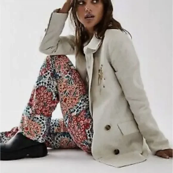 Free People Pull On Corduroy Printed Flares Stretchy Floral Red Blue Pink Nude - Picture 2 of 7